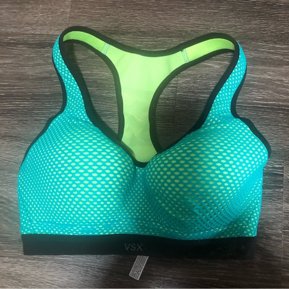 VSX Sport Victoria's Secret Teal Neon Yellow Dot Mesh Racerback Sports Bra 32C - Picture 1 of 9